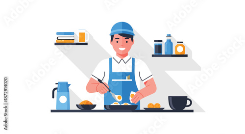 A chef in a blue uniform preparing breakfast in a modern kitchen from a front viewpoint