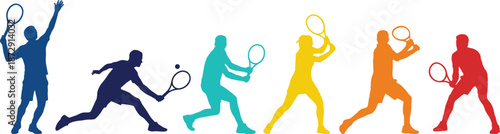 Colorful Set of Seven Diverse Tennis Player Silhouettes Performing Various Professional Action Poses Isolated on a Clean White Background Graphic