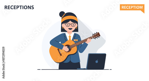 A person wearing a hat and glasses plays an acoustic guitar at a reception desk with a laptop nearby indoors.