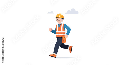 Construction worker in safety gear sprinting on a plain white background with clouds above, viewed from the side.