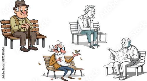 Old men sitting on park benches, reading newspaper, relaxing, and feeding birds, senior lifestyle leisure activity cartoon vector illustration design