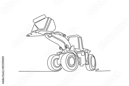 Continuous one line drawing wheel loader with its bucket raised high, showcasing mechanical power and fluid movement of heavy earthmoving machinery. Single line draw design vector graphic illustration