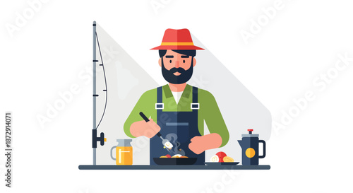 Man cooking freshly caught fish in a kitchen with cooking utensils around