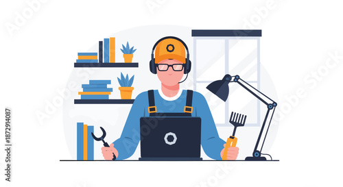 Man working on laptop with headphones and tools in a modern workspace with desk and shelves
