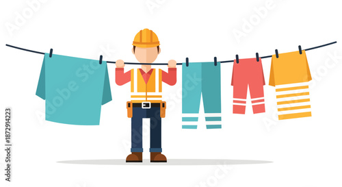 Man in hard hat hanging colorful clothes on a laundry line outdoors