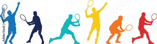Colorful Silhouettes of Tennis Players in Motion Showing Various Professional Action Poses Including Serving Volleying and Hitting Backhand Groundstrokes on White Background