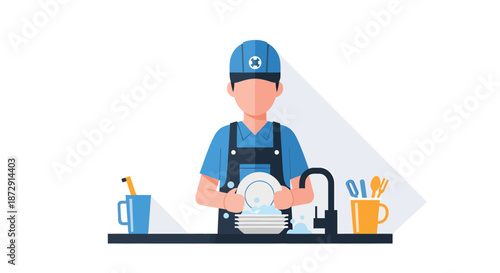 A person washing dishes in a kitchen sink with cleaning supplies nearby, viewed from the front.