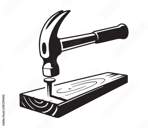 Hammer Hitting Nail on Wood Silhouette, Carpentry Tool Black Isolated Vector Illustration.