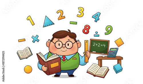 Cartoon math teacher with formulas and education tools vector set