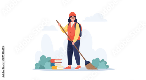 Person sweeping yard with broom standing near books and bushes outdoors