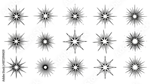 A collection of 15 stylized starburst or sunburst graphic elements with sharp, radiating lines on a white background.