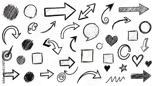 A collection of hand-drawn doodle elements including arrows, circles, hearts, squares, and scribbles.
