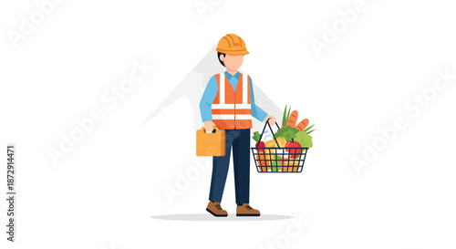 Man in safety gear holding produce basket and toolbox standing in a warehouse