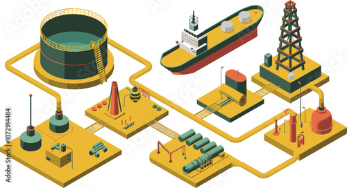 Isometric oil and gas industry workflow illustration, drilling rig, refinery, pipelines, storage tanks, tanker ship, energy production system