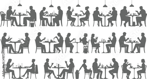 People dining silhouettes, restaurant conversation scenes, couples and friends eating, social interaction concept, cafe lifestyle illustration, minimal black vector