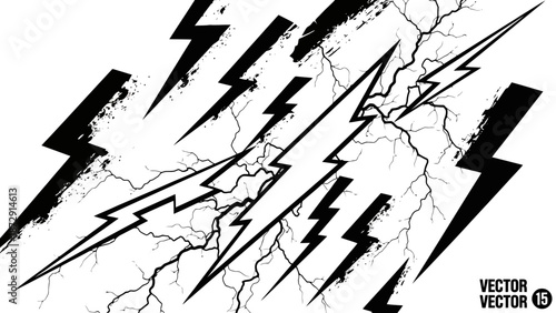 A dynamic composition of black and white lightning bolts and cracks, suggesting energy and power.