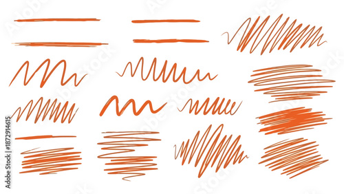 A collection of hand-drawn orange scribbles and lines, representing various artistic and design elements.