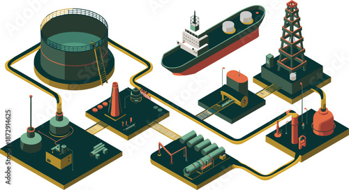 Isometric oil and gas industry workflow illustration, drilling rig, refinery, pipelines, storage tanks, tanker ship, energy production system