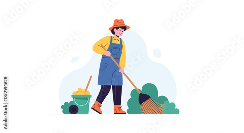 A person gardening in a lush green environment with various tools and plants around