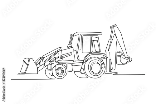 Continuous one line drawing industrial backhoe loader, mechanical power of digging arm, front bucket in sophisticated professional industrial style. Single line draw design vector graphic illustration