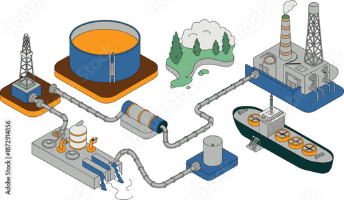 Isometric oil and gas industry illustration, refinery, pipeline network, storage tanks, offshore tanker, energy production, industrial infrastructure, vector design
