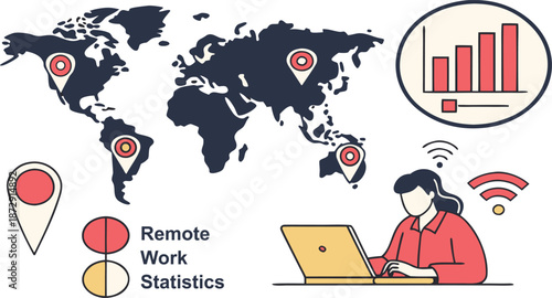 Remote Work Statistics and Global Connectivity: An infographic illustrating the interconnectedness of remote work across the globe, complemented by statistics and data analysis. 