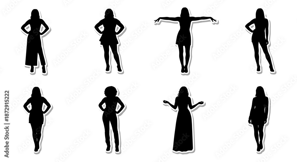 Fototapeta premium A captivating collection of diverse female silhouettes, each striking a unique pose, isolated on a clean white background, perfect for various design projects.