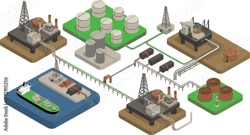 Isometric oil and gas industry infrastructure illustration showing offshore platforms pipelines storage tanks refineries ships energy production network global logistics