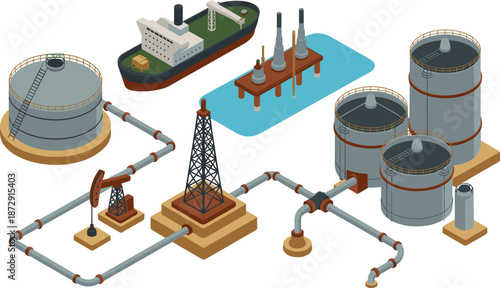 Isometric oil and gas industry infrastructure illustration, refinery pipelines storage tanks offshore platform tanker ship energy production industrial petroleum process
