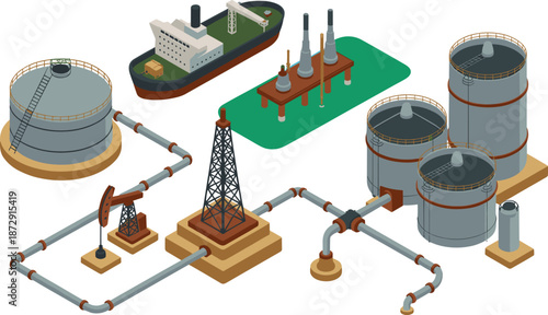 Isometric oil and gas industry infrastructure illustration, refinery pipelines storage tanks offshore platform tanker ship energy production industrial petroleum process
