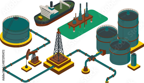 Isometric oil and gas industry infrastructure illustration, refinery pipelines storage tanks offshore platform tanker ship energy production industrial petroleum process