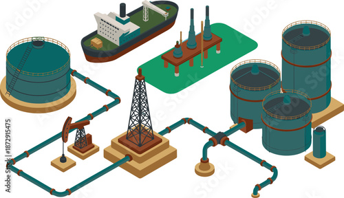 Isometric oil and gas industry infrastructure illustration, refinery pipelines storage tanks offshore platform tanker ship energy production industrial petroleum process