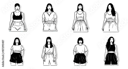 Diverse set of eight hand-drawn female figures showcasing various body types and casual outfits, perfect for fashion and lifestyle design projects.