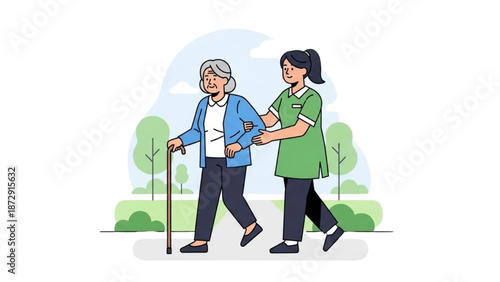 Caregiver assisting elderly woman walking outdoors in a serene park environment