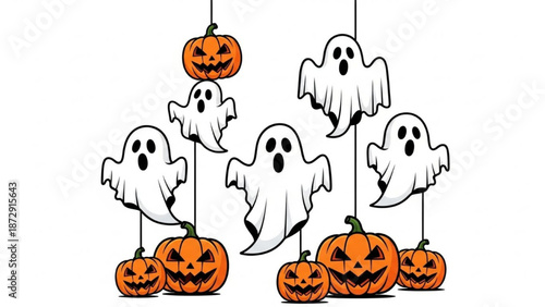 Ghostly figures suspended amidst Halloween decorations in a festive and eerie atmosphere viewed from a straightforward perspective