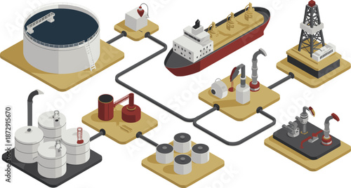 Isometric oil and gas industry workflow illustration, drilling rig, refinery, pipelines, storage tanks, tanker ship, energy production system