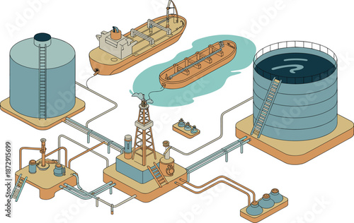 Isometric oil and gas infrastructure illustration featuring drilling rig storage tanks pipelines tanker ships petroleum processing industrial energy system
