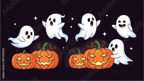 Ghostly spirits floating above pumpkins on a dark Halloween night