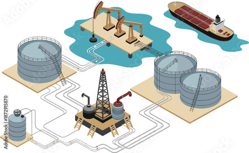 Isometric oil and gas infrastructure illustration featuring drilling rig storage tanks pipelines tanker ships petroleum processing industrial energy system