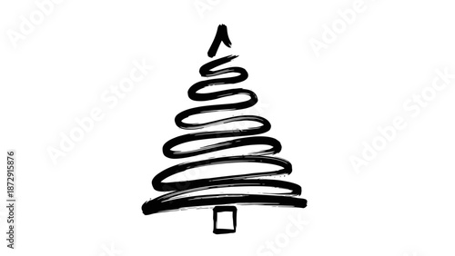 A minimalist, hand-drawn illustration of a Christmas tree with a square base, rendered in bold black lines on a white background.