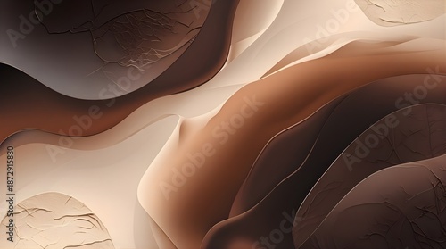 Elegant abstract background with smooth flowing waves in warm chocolate, caramel, and beige tones. Soft layered shapes and organic curves create a luxurious, calming aesthetic.