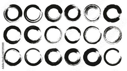 A collection of 20 hand-drawn, imperfect black ink circles with a brushstroke texture, arranged in three rows on a white background.