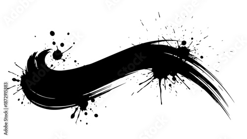 A dynamic black ink brush stroke with splatters and drips, suggesting movement and energy.