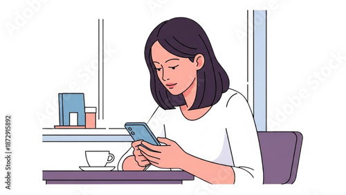 A woman sitting alone at a café table, engrossed in her mobile phone, surrounded by a serene atmosphere with a cup of coffee.