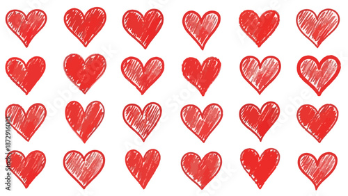 A grid of 24 hand-drawn red hearts with a textured, sketched appearance, arranged in four rows and six columns on a white background.