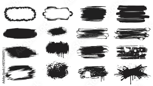 A collection of 16 diverse black ink brush stroke and splatter graphic elements on a white background.