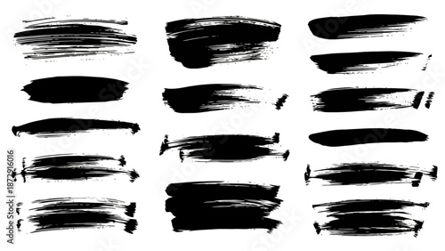 A collection of 15 distinct black ink brush stroke textures and elements on a white background.
