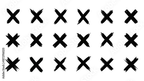 A grid of 18 black hand-drawn 'X' marks, arranged in three rows of six, with a textured, brushstroke appearance.