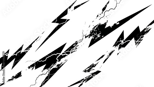 Abstract black lightning bolts with a distressed, textured effect on a white background, conveying energy and power.