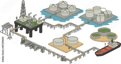 Isometric oil and gas infrastructure illustration featuring drilling rig storage tanks pipelines tanker ships petroleum processing industrial energy system